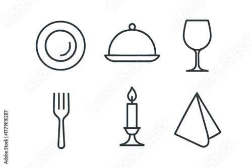 Minimalist dining icons: plate, covered dish, wine glass, fork, candle, napkin