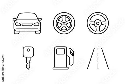 Car icon set: front view, wheel, steering, key, fuel pump, road line art