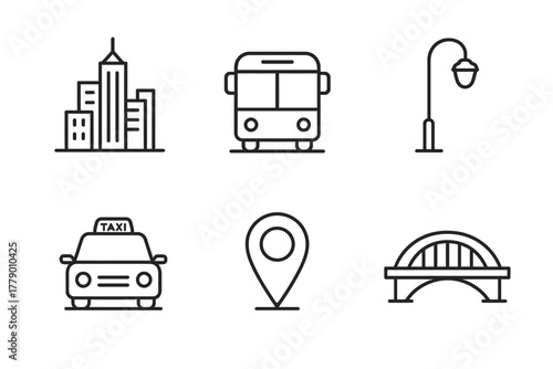 Urban transportation icons: city buildings, bus, taxi, street lamp, map pin, bridge