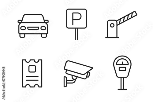 Vector icons of car, parking, barrier, ticket, cctv camera, meter