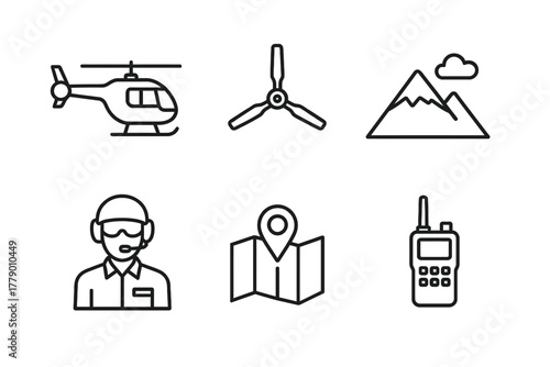 Aviation and navigation icons: helicopter, pilot, and gps map symbols