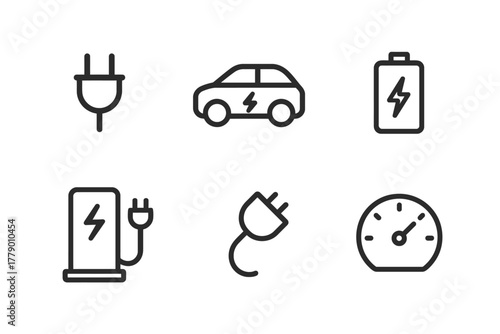 Electric vehicle icon set featuring charger, car, battery, plug, and gauge