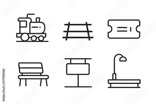 Train station icons: train, ticket, tracks, bench, sign, and lamp