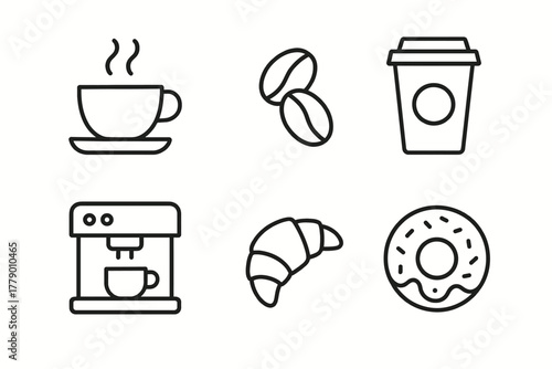 Coffee icons: cup, beans, takeout, machine, croissant, donut