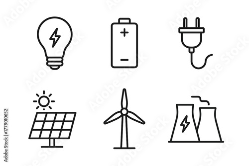 Energy icon set: solar, wind, nuclear, battery, light bulb, plug