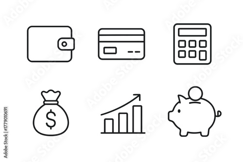 Minimalist finance icons: wallet, credit card, calculator, money bag, growth chart, piggy bank