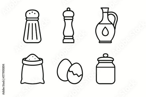 Cooking essentials icons: salt, pepper, oil, flour, eggs, jar