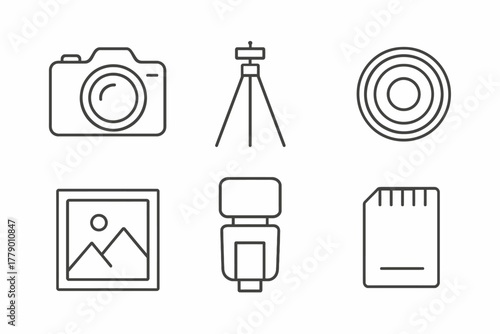 Photography equipment icons: camera, tripod, lens, frame, flash, memory card