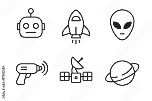 Simple space icons: robot, rocket, alien head, ray gun, satellite, planet