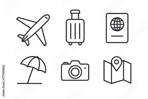 Travel icons: airplane, suitcase, passport, umbrella, camera, map
