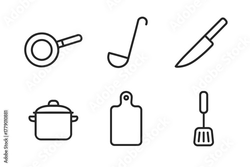 Minimalist kitchen utensil icons: frying pan, ladle, knife, pot, cutting board, spatula