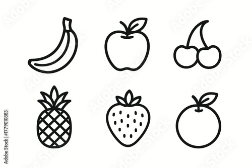 Simple line icons of bananas, apple, cherries, pineapple, strawberry, and orange