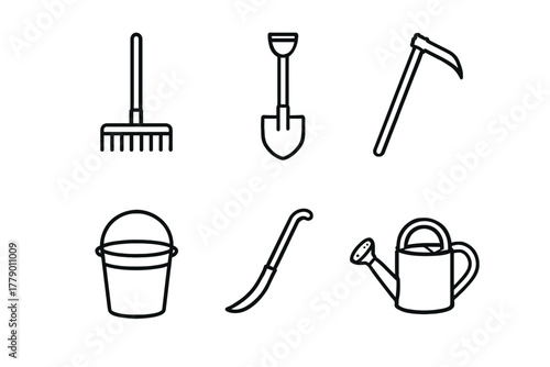 Garden tools icons: rake, shovel, hoe, bucket, sickle, watering can