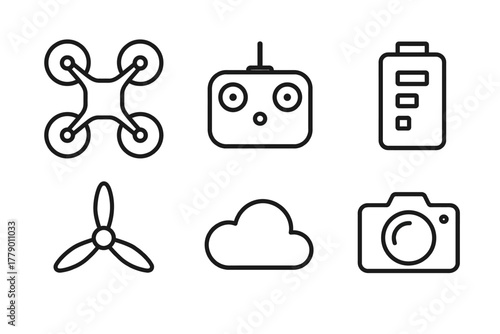 Drone components outline icons set: drone, remote, battery, propeller, cloud, camera