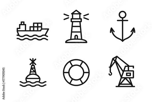 Nautical icons: ship, lighthouse, anchor, buoy, lifebuoy, crane