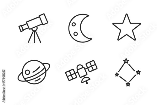 Astronomy icons: telescope, moon, star, planet, satellite, constellation