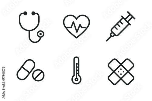 Medical icons: stethoscope, heartbeat, syringe, pills, thermometer, bandage