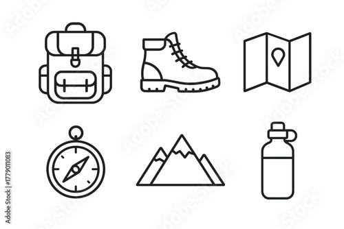 Essential hiking icons: backpack, boot, map, compass, mountains, water bottle