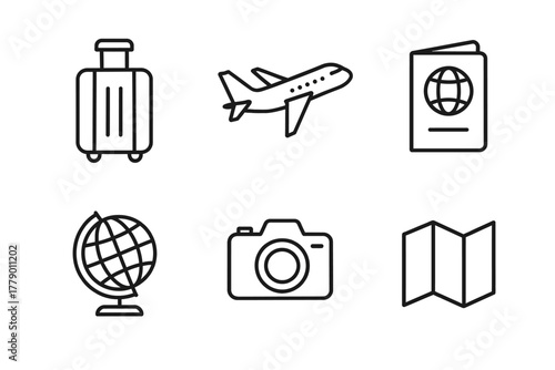 Travel icons: suitcase, airplane, passport, globe, camera, map in black and white