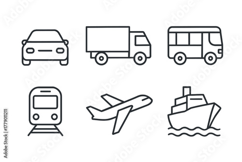 Simple line icons of various transportation modes: car, truck, bus, train, airplane, ship