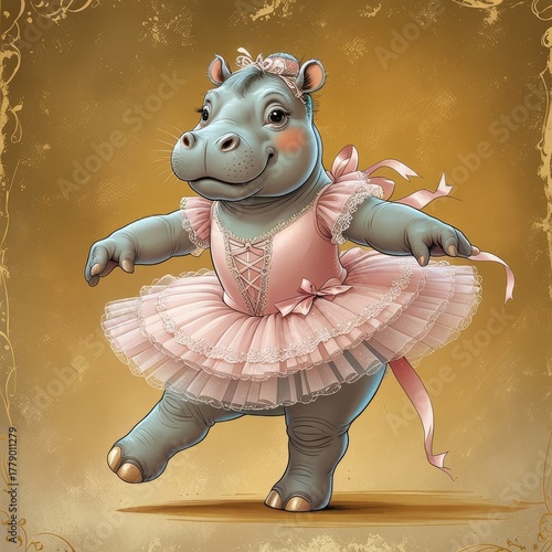 Cheerful Animal Character in Ballet – Pink Tutu, Grayish-Brown Skin, Pastel Watercolor Style