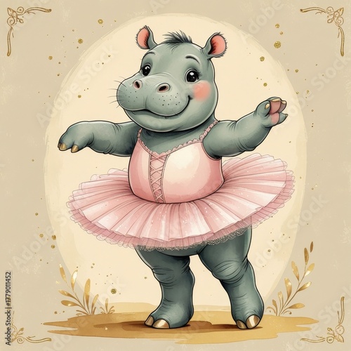 Whimsical Hippo Ballerina Illustration – Muted Pastels, Watercolor Texture, Botanical Outlines