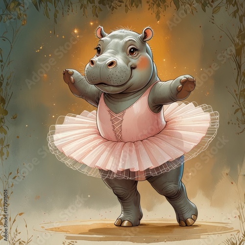 Hippo in Ballet Pose with Fluffy Tutu – Soft Watercolor, Pastel Colors, Botanical Background 