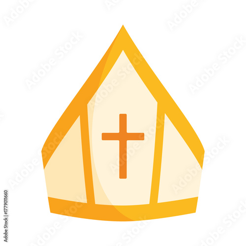 Golden bishop mitre hat with cross symbol on white background, isolated religious vector illustration