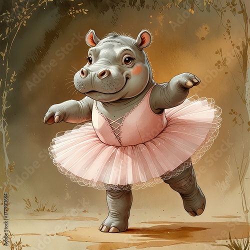 Cheerful Hippopotamus Ballerina in Pink Tutu – Watercolor Children’s Book Illustration Style