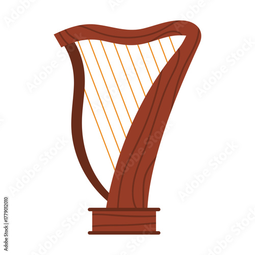 Traditional Irish harp icon in brown wood design, isolated on white background vector illustration