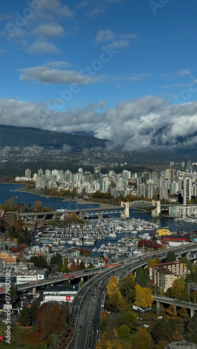 Vancouver Cityscape with Granville Bridge, Burrard Bridge, Lions Gate Bridge and View Toward West Vancouver, Canada