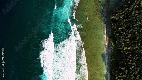 Aerial view of the contrasting dark and light blue ocean meeting the vibrant green coastline, with lush trees and foamy white waves, Maldives.