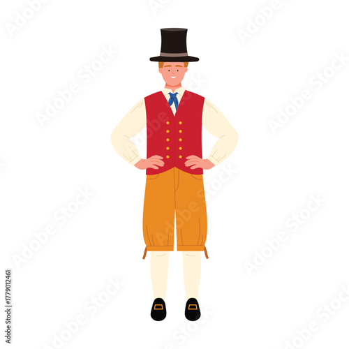 Smiling Danish man wearing classic folk costume and top hat standing isolated on white vector illustration