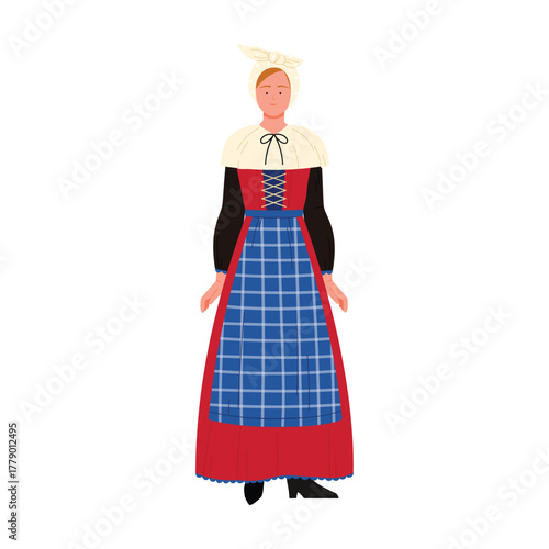 Danish woman in traditional folk dress with bonnet and apron on white isolated background vector illustration