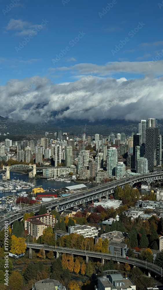 Fototapeta premium Vancouver Cityscape with Granville Bridge, Burrard Bridge, Lions Gate Bridge and View Toward West Vancouver, Canada