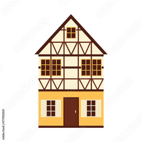 Classic Danish half-timbered house with yellow facade isolated on white background vector illustration