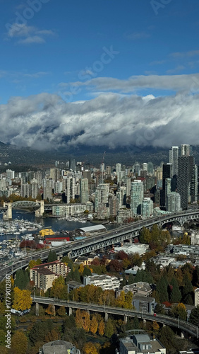 Vancouver Cityscape with Granville Bridge, Burrard Bridge, Lions Gate Bridge and View Toward West Vancouver, Canada
