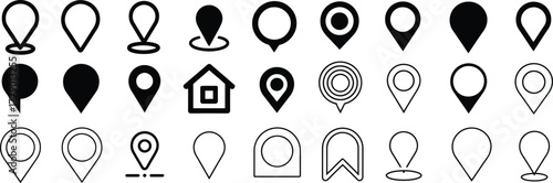 Location marker set of diverse vector pins including pushpin, home, circular, and standard styles perfect for mapping, navigation, travel, and location-based projects