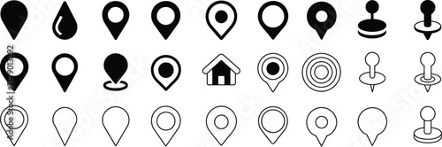 Location marker set of diverse vector pins including pushpin, home, circular, and standard styles perfect for mapping, navigation, travel, and location-based projects