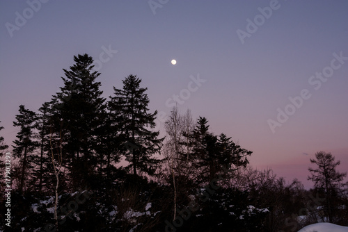 美しい冬の夕暮れの空と満月
