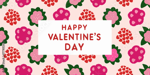 Happy valentines day greeting with a charming floral and heart pattern background
