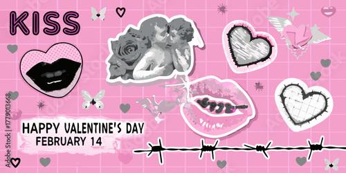 Happy valentines day graphic with kissing lips hearts cupids and butterflies on a pink grid background