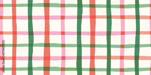 Hand drawn plaid pattern with pink green and coral stripes on white background