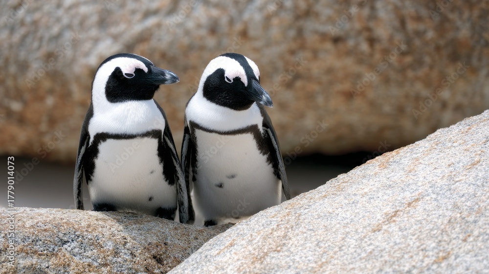Fototapeta premium Two African penguins stand together on rocky terrain at Boulders Beach, Cape Town, enjoying the sun and showcasing their playful nature among the stunning natural scenery