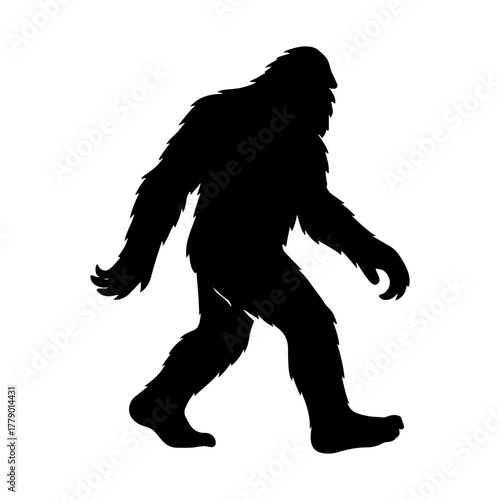 Silhouette of a walking bigfoot creature with a textured grainy appearance against a white background