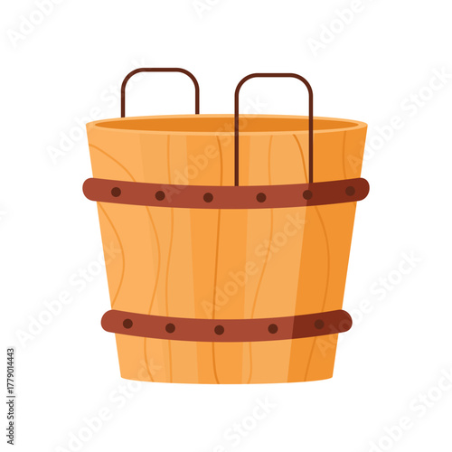 Classic Finnish sauna wooden bucket with metal handles on white isolated background vector illustration