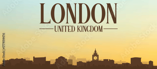 Panoramic poster of the city skyline with misty background buildings, hills sunrise, sunset and clouds of LONDON, UNITED KINGDOM