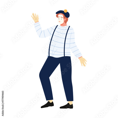 Cheerful French mime artist in classic outfit waving on white isolated background vector illustration