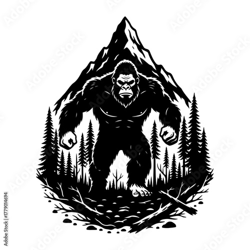 Mysterious bigfoot creature emerges from dense forest with towering mountain backdrop