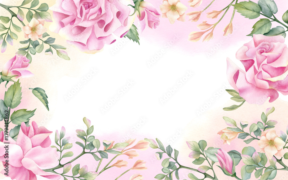 Fototapeta premium Spring floral template, frame with Pink rose, floral composition, freesia, leaves on delicate watercolor spot. Pastel botanical flower Illustration isolated from background for your design card.